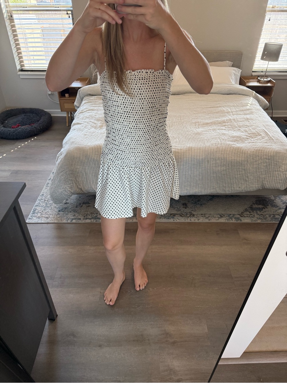 H&M White Smocked Polka Dot Mini Dress